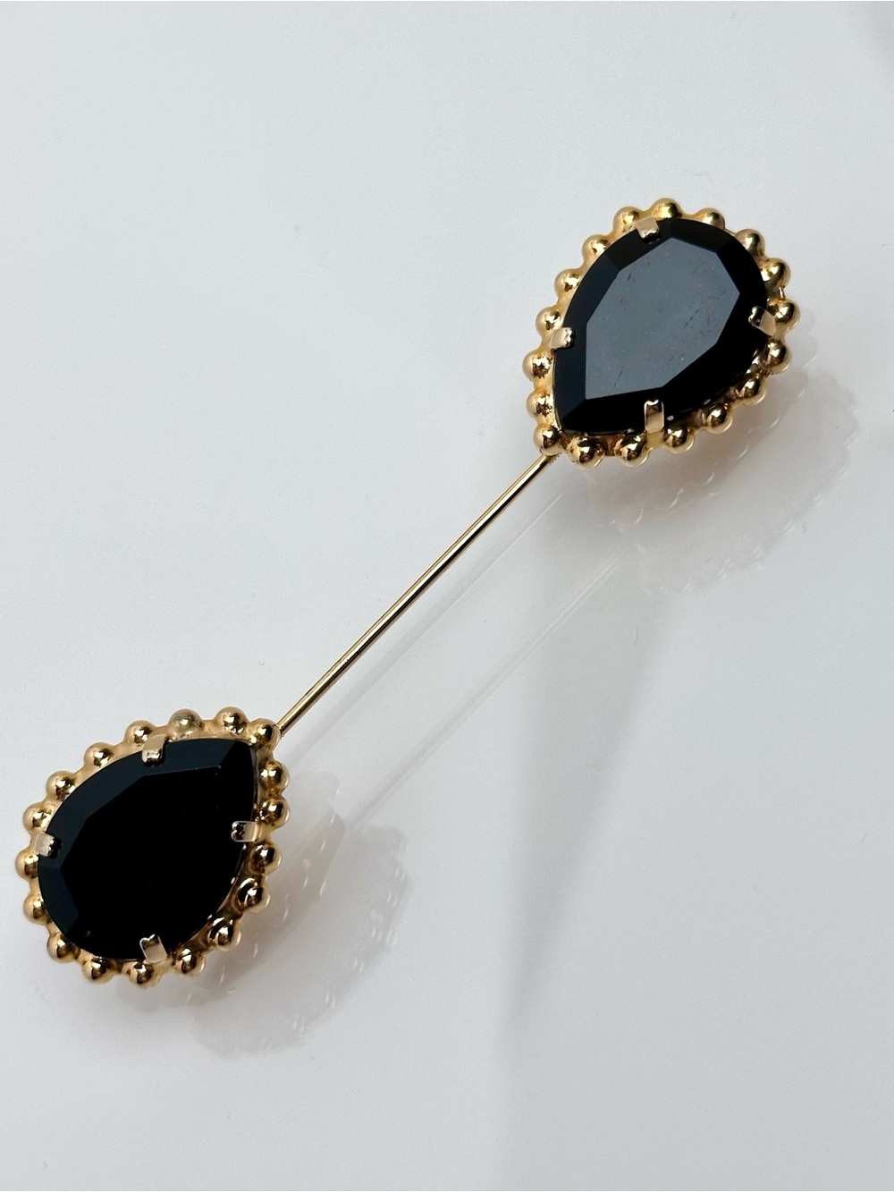 Vintage Black Glass Jabot Pin Gold Tone Double Teardrop 3.75”
